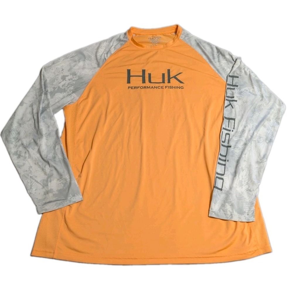Huk Performance Fishing Shirt Mens XL Orange Gray Camo Long Sleeve UPF